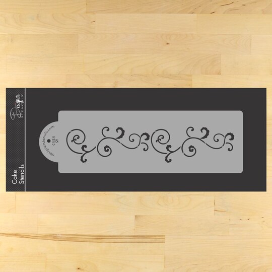 Designer Stencils; Small Leafy Scroll Cake Stencil Side | C438 by Designer Stencils | Stencils for Royal Icing, Airbrush, Dusting Powder |; Category:Cake Decorating Tools; Image:1